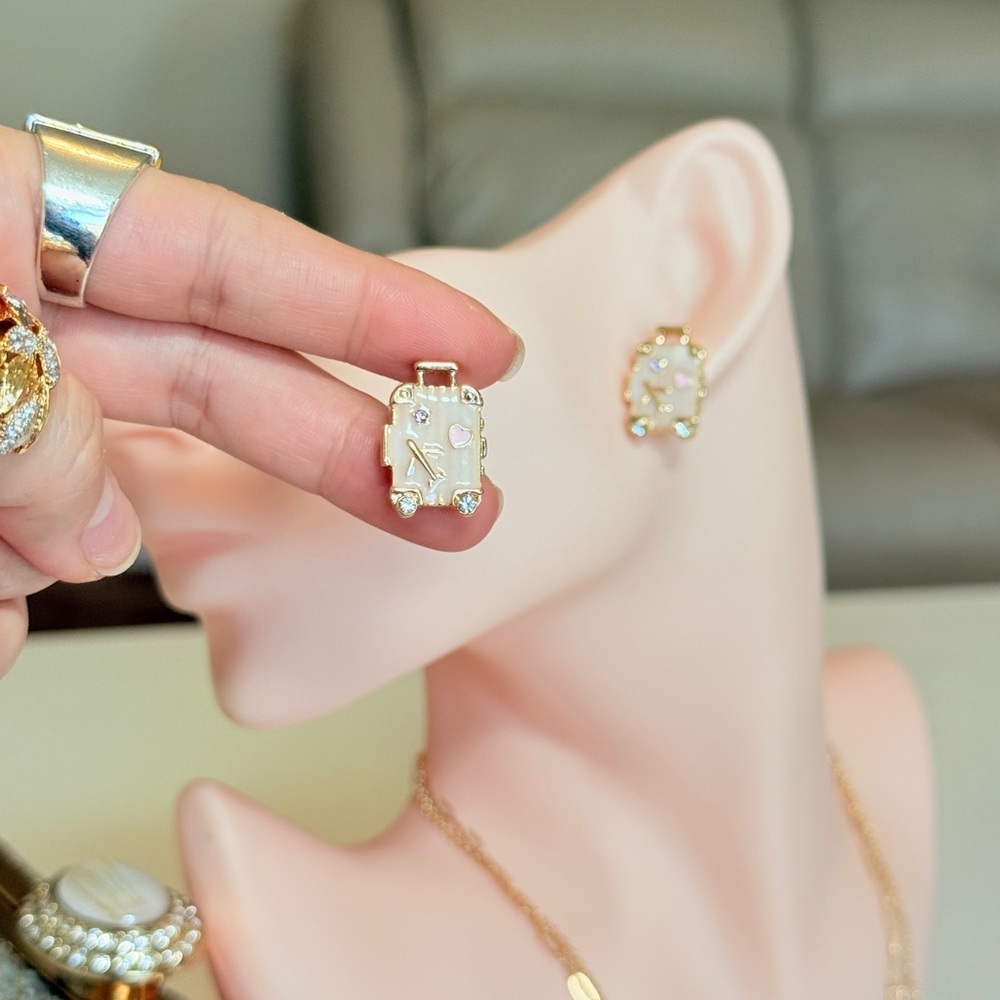 Suitcase Gold and Pink Stud Earrings - Picture 4 of 11